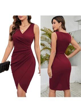 IHot | "Wine Red" V-Neck Sleeveless Faux Wrap Bodycon Dress | Size Large